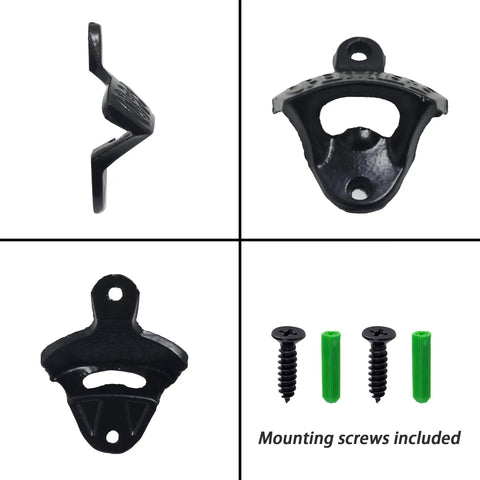Heavy Duty Cast Iron Wall Mounted Wooden Board Beer Bottle Cap Opener With Powder Coated Black Finish Pack Of Three shown with screws.