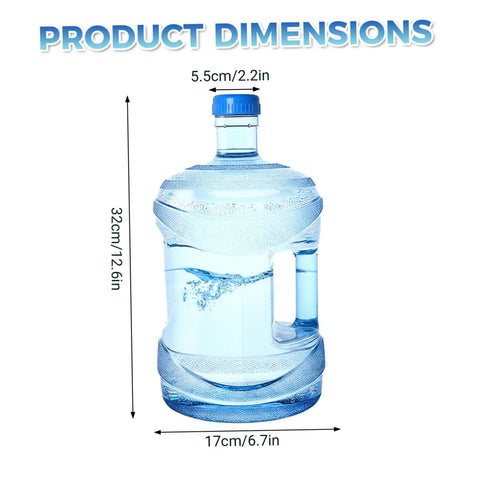 7.5L Water Jug With Screw Cap And Integrated Handle For Camping, dimensions shown with height and width measurements.
