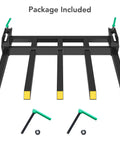 Clamp On Debris Forks For 48 Inch Buckets Heavy Duty Clamp With 2500 Lbs Capacity Pallet Fork Attachments Fit For Loader Buckets Skid Steer And Tractor Easy Digging And Hauling For Tough Jobs, shown with installation tools included.