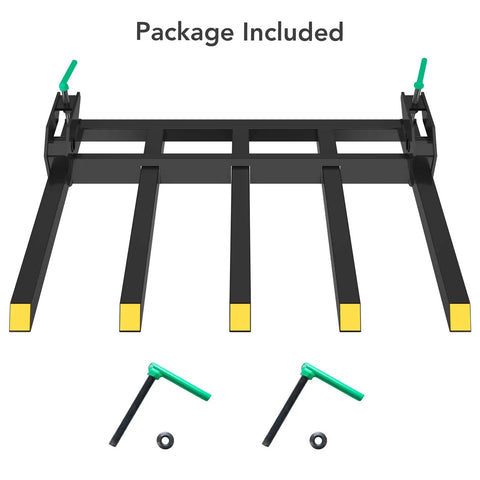 Clamp On Debris Forks For 48 Inch Buckets Heavy Duty Clamp With 2500 Lbs Capacity Pallet Fork Attachments Fit For Loader Buckets Skid Steer And Tractor Easy Digging And Hauling For Tough Jobs, shown with installation tools included.