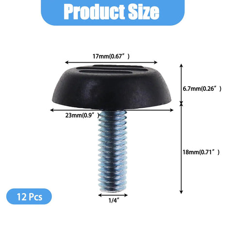 Set Of Twelve Adjustable Furniture Levelers With 1/4 20 Unc Thread Table Feet and Chair Glides, 0.9 inch diameter, black rubber foot.