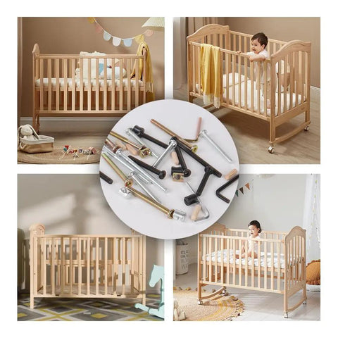 Dark Bronze Hex Socket Head Cap Screw Set With Barrel Nuts And Allen Wrench For Crib Furniture Assembly displayed with a crib.