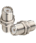 UHF Female to Female Bulkhead Connector for PL259 Coax, 50 Ohm RF Adapter, SO239 to SO239 showing brass nickel-plated exterior