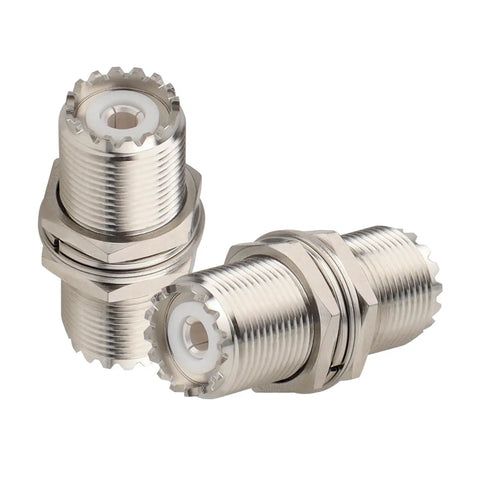 UHF Female to Female Bulkhead Connector for PL259 Coax, 50 Ohm RF Adapter, SO239 to SO239 showing brass nickel-plated exterior