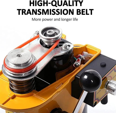 Close-up of transmission belt on DIY Small Vertical Electric Drill With Adjustable Stroke And Speed Copper Motor Precision Drilling Machine
