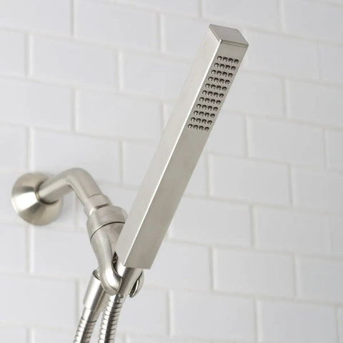 Kubos Hand Shower Wand With 44 Spray Patterns, 2.5 GPM Flow, Brushed Nickel Finish mounted on white tiled wall