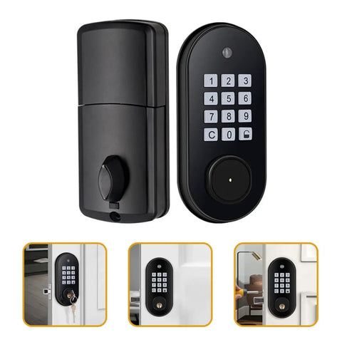Game Changer Electronic Keypad Deadbolt Lock With Four Aa Batteries Black Keyless Entry Security For Exterior Doors Easy Install close-up view of lock and keypad.
