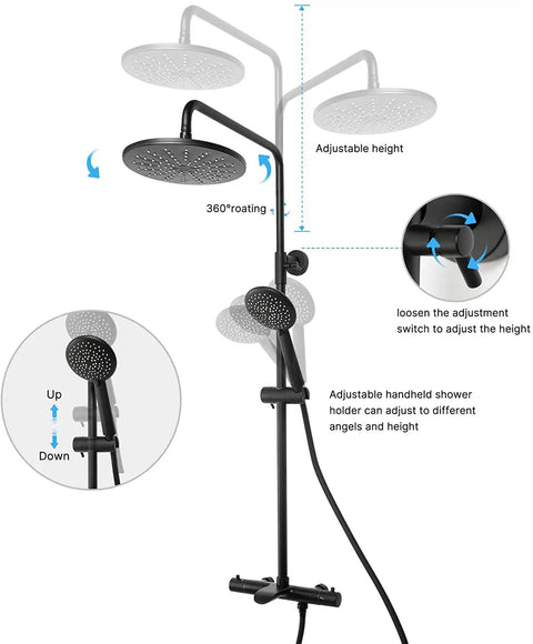 Thermostatic Rain Shower System With 9 Inch High Pressure Rain Shower Head And Handheld Set Matte Black Wall Mounted Shower Mixer With Tub Spout Pro Grade Spa Vibe For Everyday Refresh, showing adjustable height and 360 rotation.