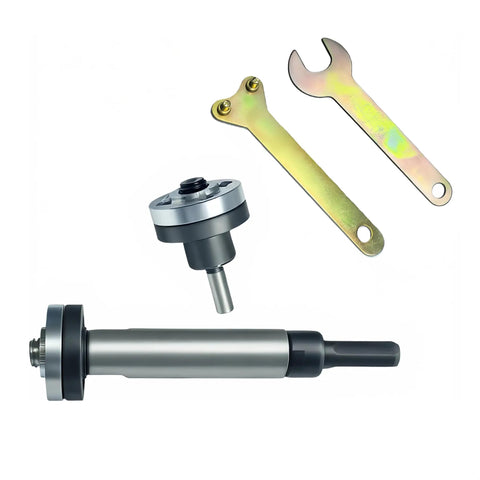 Electric Drill To Angle Grinder Adapter Kit With 6mm And 10mm Variable Shaft Mandrel Including 2 Wrenches Flange Nuts Extension Rod Polishing Pad For Cutting Polishing And Sanding, showing metal body and wrenches.