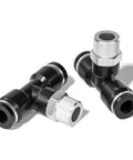 Push To Connect Tee Fittings For Air Lines Budget Friendly 1 Quarter Inch Tube Outer Diameter To 1 Eighth Inch NPT Thread Pack Of Ten Plastic And Copper Pneumatic Quick Connect Tee 0 To 145 PSI 32 To 140 Fahrenheit image showing two black and silver fittings