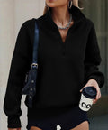 Woman wearing Womens Half Zip Oversized Fleece Hoodie Sweatshirt Black Size M With Soft Inner Fleece For Ultra Cozy Warmth