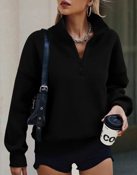 Woman wearing Womens Half Zip Oversized Fleece Hoodie Sweatshirt Black Size M With Soft Inner Fleece For Ultra Cozy Warmth