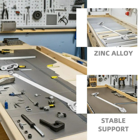 Heavy Duty Soft Close Cabinet Lid Hinge Set 12 Inch Flip Down Lid Support No Fuss Easy Install For Kitchen Cabinets And Jewelry Boxes With Versatile Mounts displayed in a workshop with zinc alloy tools