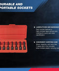 Three Eighths Inch Drive Allen Socket Set, 7 Piece, 3 Inch Length, in red case with chrome moly construction