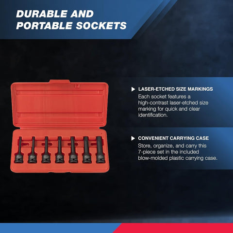 Three Eighths Inch Drive Allen Socket Set, 7 Piece, 3 Inch Length, in red case with chrome moly construction