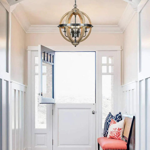 Entryway with Orb Four Light Farmhouse Chandelier In Stardust Brown Finish with handmade rustic wood accents, warm glow.
