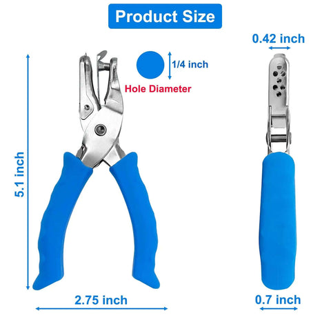 1/4 Inch Hole Puncher For Crafts with blue soft grip, showing dimensions and side view, ideal for home, office, and classroom use.