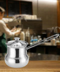 Turkish Coffee Pot Water Kettle With Long Handle For Easy Pouring And No Spill Comfortable Grip Stainless Steel Melting Pot Butter Warmer For Home Bar Kitchen Cafe Outdoor 720Ml on counter