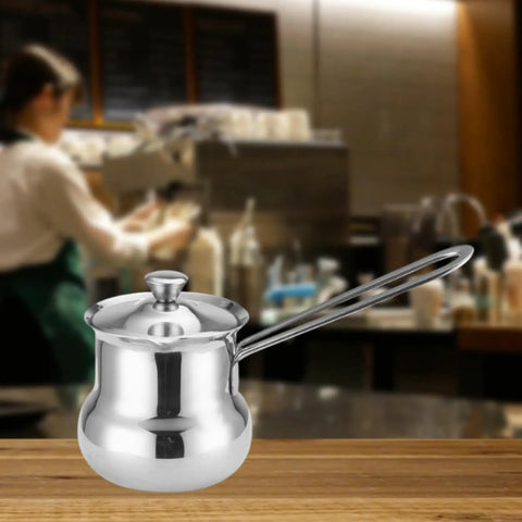 Turkish Coffee Pot Water Kettle With Long Handle For Easy Pouring And No Spill Comfortable Grip Stainless Steel Melting Pot Butter Warmer For Home Bar Kitchen Cafe Outdoor 720Ml on counter