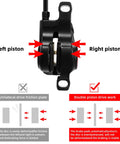 Front view of black MTB hydraulic disc brake caliper with dual pistons and aluminum alloy body.