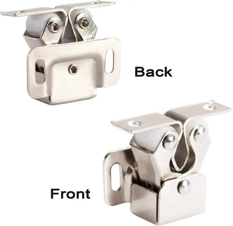 Two-Piece Twin Roller Cabinet Catch Set, 40-Piece Nickel Finish Latch Hardware, Front and Back View