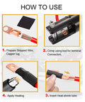 Instructions for using 260Pcs Copper Wire Lugs And Heat Shrink Kit For Battery Cables AWG 2 4 6 8 10 12 with ring terminals.