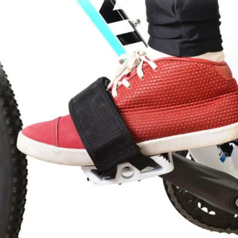 One Pair Bike Pedal Straps For Maximum Foot Grip On All Pedals, Black Toe Clip Straps With Adhesive Backing, shown in use