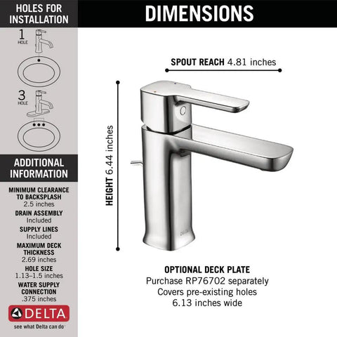 Modern Single Hole Bathroom Faucet With Single Handle, Chrome Finish, dimensions and installation details