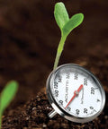Stainless Steel Soil Thermometer For Garden And Indoor Potting, 7 Inch Stem, 0 To 220 Fahrenheit, in soil beside seedlings.