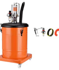 Heavy Duty Pneumatic Grease Pump Delivers Ultra High Pressure 50 To 1 Flow Through Tough As Nails Aluminum Grease Gun Built For Fast Lubrication Up To 0.85 Liters Per Minute On Heavy Industrial Gear And Shop Machines That Seriously Need It - orange container with wheels and hose attachments.