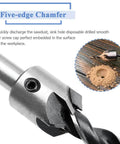 Close-up of a silver HSS countersink drill bit from the Mesee 7-piece set (3–10 mm) for wood chamfering.