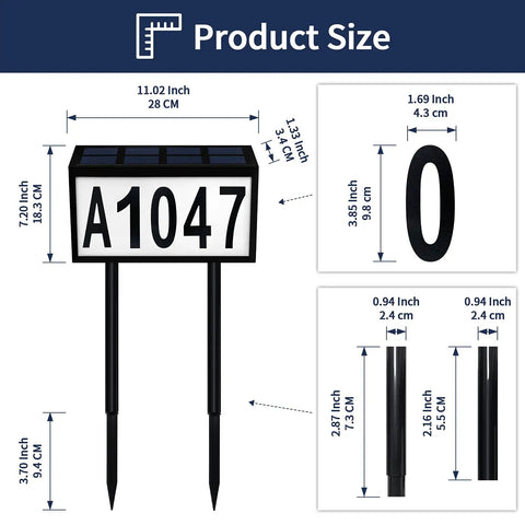 Lighted House Numbers For Outside Solar Powered LED Address Sign For Home Garden Yard Street Mailbox Wall Mounted Or Inserted With Stakes Weather Resistant Durable Build For Curb Appeal And Easy No Fuss Installation At Night product size with measurements