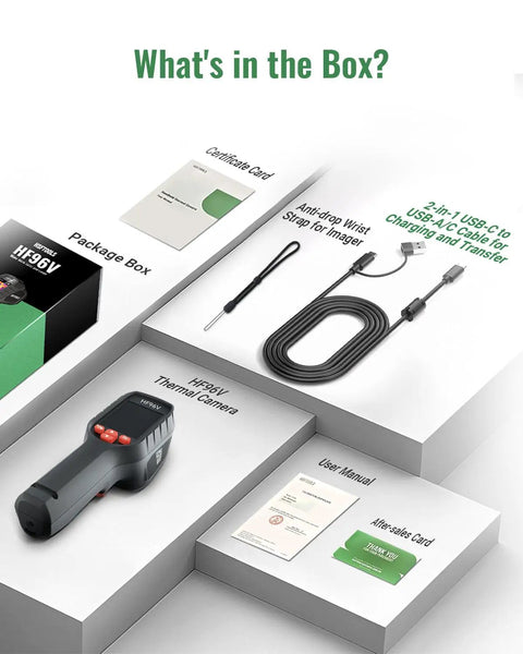 What's in the box view showing Thermal Imaging Camera With Visual Sensor And Laser Pointer, accessories, and manuals.