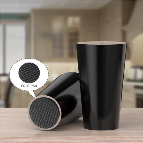 Black Wooden Tapered Furniture Legs With Screw Fittings, 4 Piece Set, Adjustable 6 To 20 Cm Height shown with foot pad detail