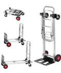 VEVOR aluminum folding hand truck, 2-in-1 design with red wheels, 400 lb capacity; folded and upright views.