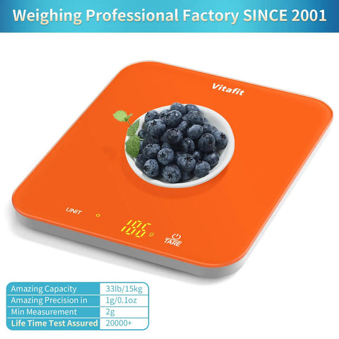 High Precision 33Lb Digital Kitchen Scale With LED Display For Precise 0.1oz 1g Readings, Orange Finish, Bowl of Berries