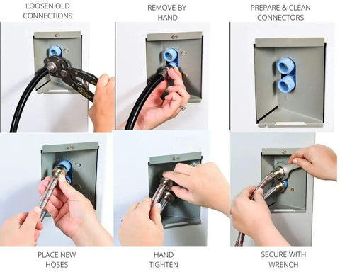 Steps to install Braided Stainless Steel Washing Machine Hoses 10 Foot Set Two Pack With Color Coded Hot And Cold Lines.