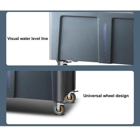 Visual water level line and universal wheel design of Top Shelf Portable Swamp Coolers Deliver Smooth Evaporative Chilling.