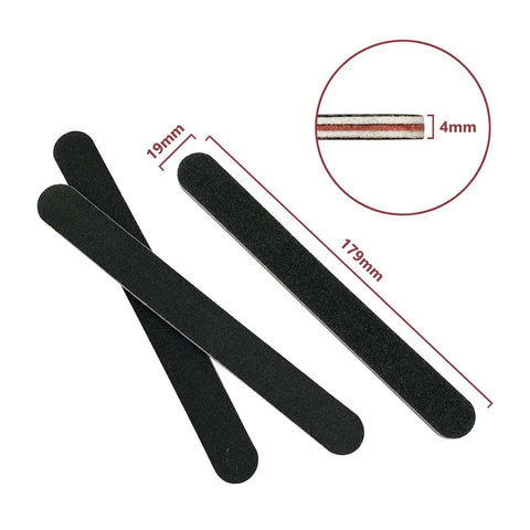 Pro Grade Nail File And Buffer Block Kit with 100 to 180 grit double sided black pedicure file showing dimensions