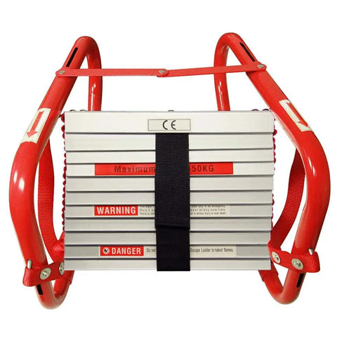 Retractable 3-Story Fire Escape Ladder 25 Feet For Home Emergency Safety with red frame hooks and compact stowed design