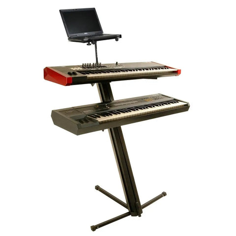 Flat Top Laptop Shelf For Mic Stands With Ventilated Design And Adjustable Tabs holding a laptop above two electronic keyboards
