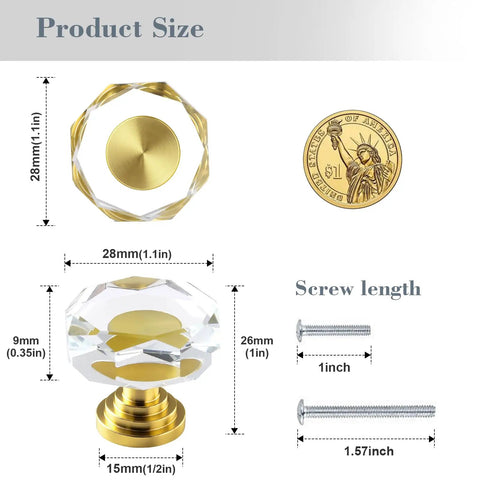 Crystal Glass Cabinet Knobs Set Six Pack Gold Polygon Drawer Pulls One And A Quarter Inch with screws and size details