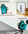 Pro Grade Triple 360 Degree Self Leveling Laser Level With 12 Lines Cross Projection For Floors Walls And Ceilings App Control 3D horizontal and two vertical planes, self-leveling mode