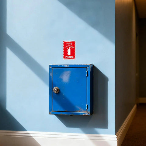 10 Pack Fire Extinguisher Signs Vinyl Decals 6 By 4 Inch Self Adhesive installed above a blue cabinet, indoor setting