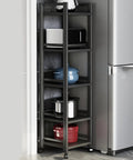 5-Tier Metal Standing Storage Shelves On Wheels With Height Adjustable Racks next to refrigerator