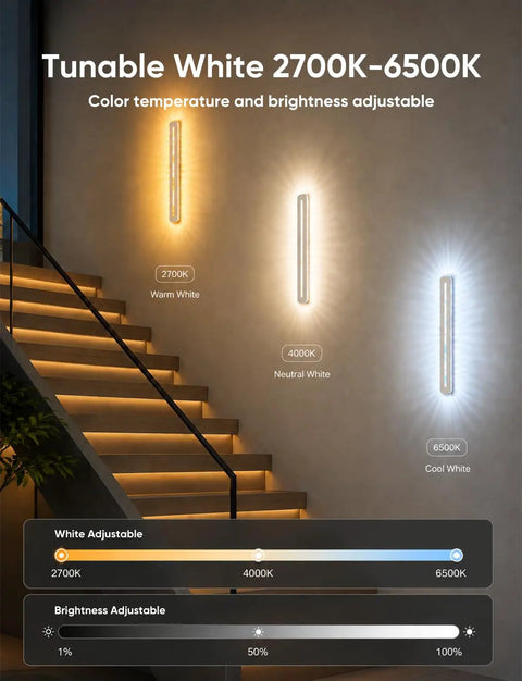APPECK LED Wall Light 1 Pack, 15.8 Inch Plug in Wall Sconce RGBCW, Dimmable showcasing tunable white options on walls.