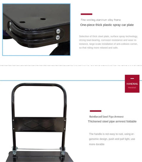 Heavy Duty Flatbed Cart Folding Platform Truck With Metal Handle For Warehouse And Garage Rugged Moving Cart With Extra Large Wheels Black Coated Steel, folded handle detail