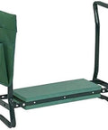 All In One Outdoor Garden Stool And Kneeler Foldable Bench With EVA Foam Pad, green metal frame and tool bag on side view