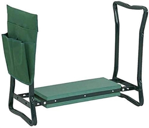 All In One Outdoor Garden Stool And Kneeler Foldable Bench With EVA Foam Pad, green metal frame and tool bag on side view