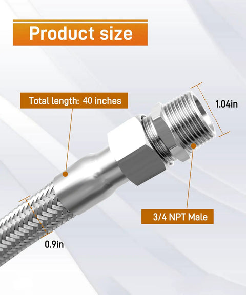 Close-up of Top Tier 40 Inch 3/4 Inch Air Compressor Hose With Rotatable NPT Couplers, showing size and connection details.